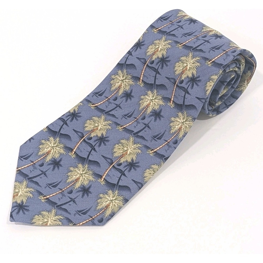 TOMMY BAHAMA 100% Silk Tie Blue Green Palm Trees Sail Boat 59"‎ Made in USA